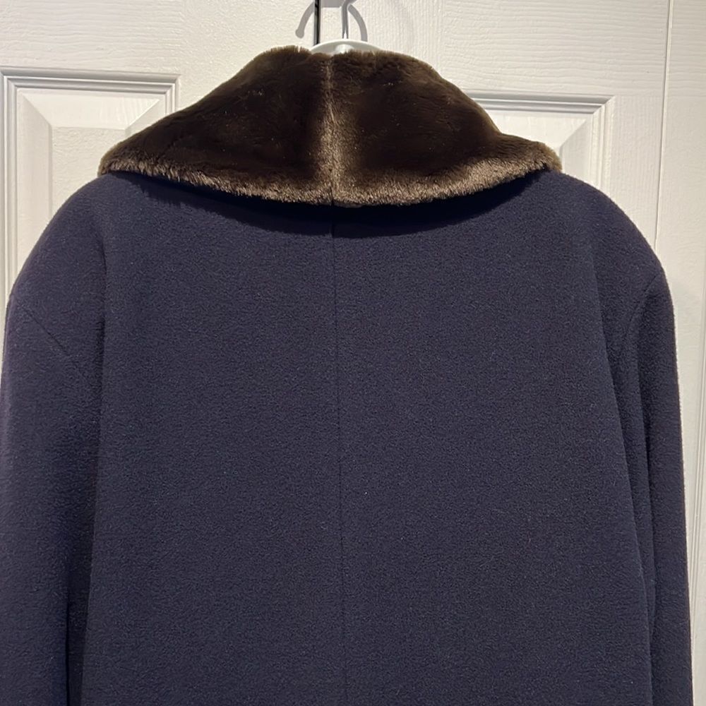 Steilmann Navy Wool Blend Coat With Brown Faux Fur Collar Size 10 - Picture 9 of 13